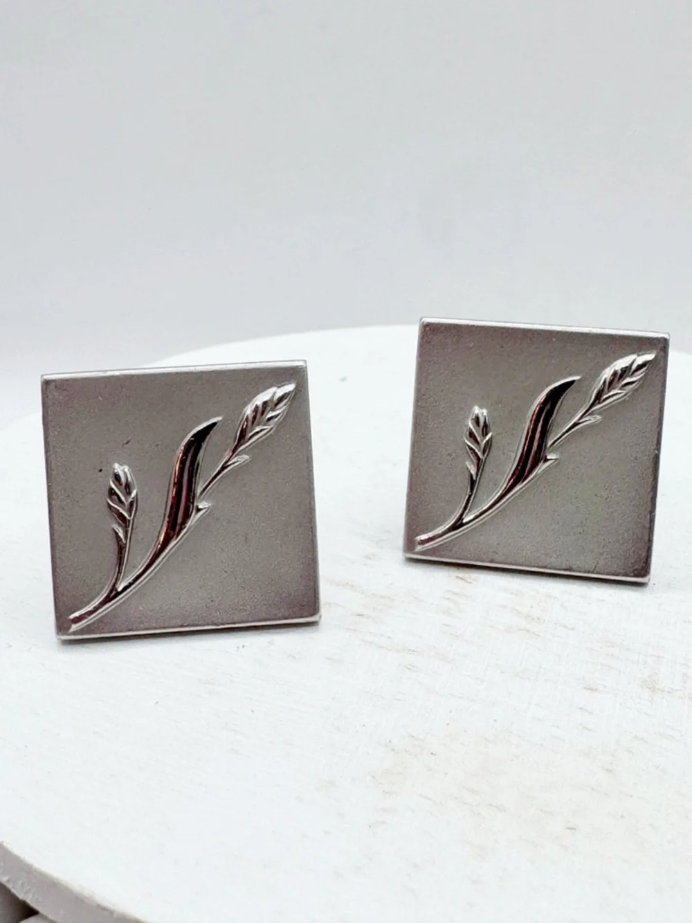 Vintage Swank MCM brushed silver tone square cufflinks with raised wheat motif